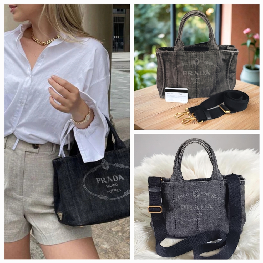 SOLD ‼️PRADA Canapa EUC Denim Black Mini Tote w/Strap - Picture 1 of 17